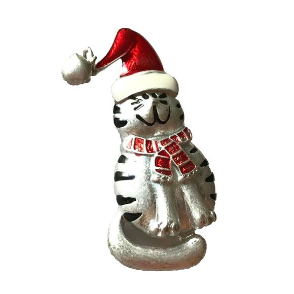 Vtg Santa Christmas Kitty Cat Brooch Pin Red Hat Scarf Bell Silver Plated Enamel - Picture 6 of 9